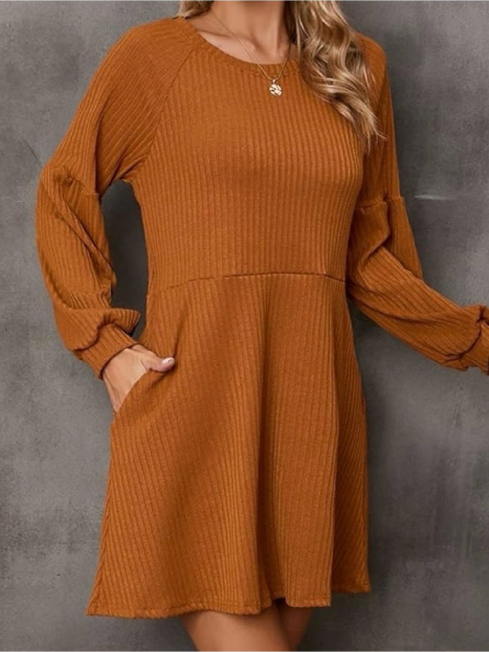 Ribbed Long-Sleeve Swing Dress in Pumpkin